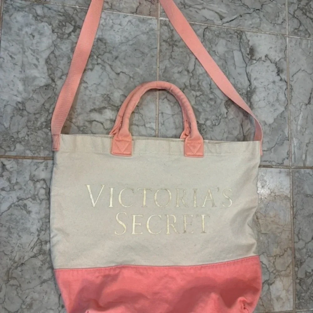Victoria's Secret Cream and Pink Canvas Tote with Gold Logo